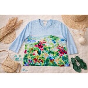 C.D. Petites Tropical Coastal Lightweight Sweater Top | Petite XL | Embellished